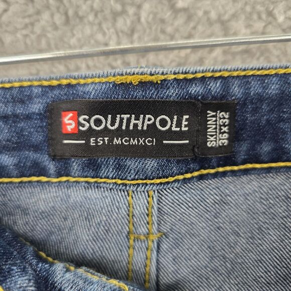 Southpole Men's Moto Skinny Jeans Blue Distressed Acid Wash Size 36x32 - Picture 6 of 16